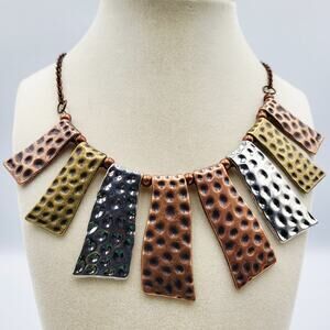 Boho Hammered Gold Brass Silver Tone Collar Statement Necklace Bohemian Artisan